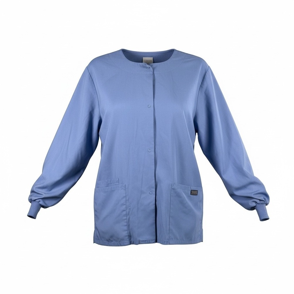 Cherokee Workwear Scrub Jacket Light Blue Snap Front Ribbed Cuffs Large Womens